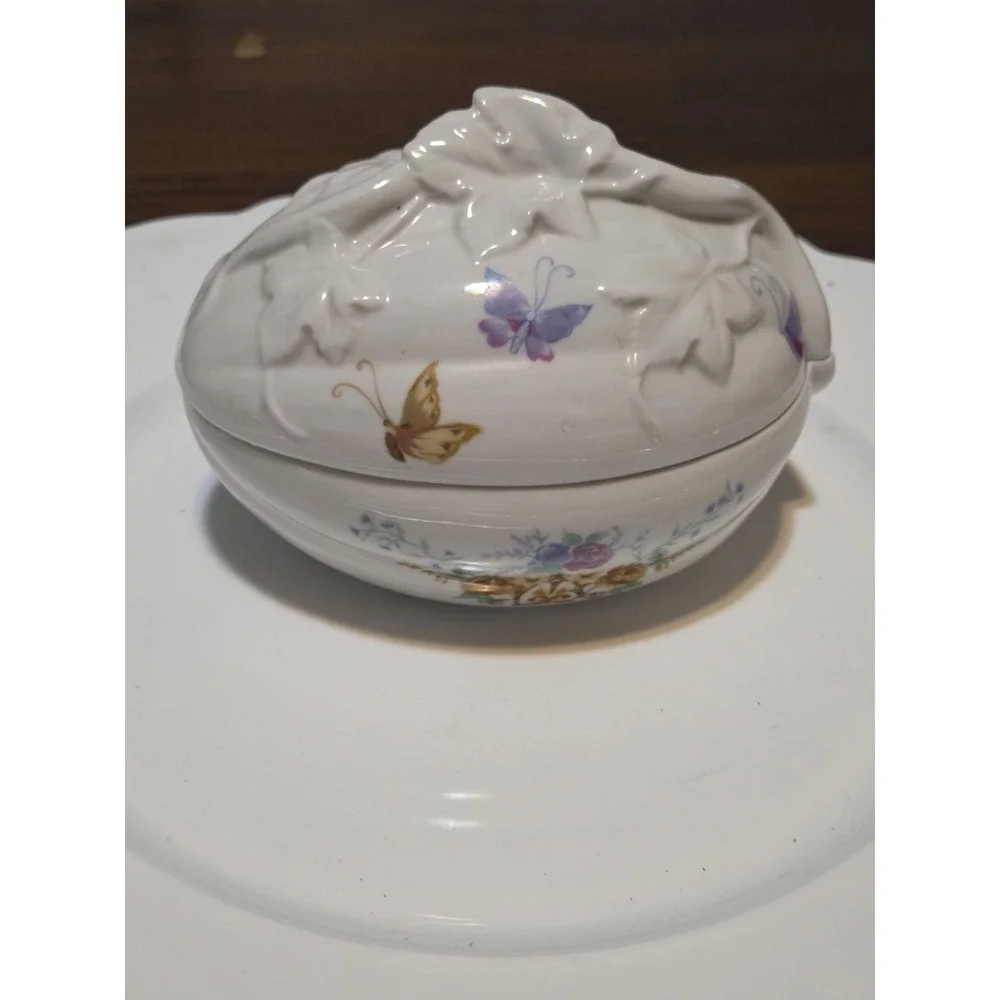 Vintage Charles Revson Inc Ciara Porcelain Egg Trinket Dish Featuring butterflie